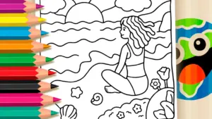 Coloring page Kawaii Girl on the Beach Coloring Page - Print Free PDF or Color Online!