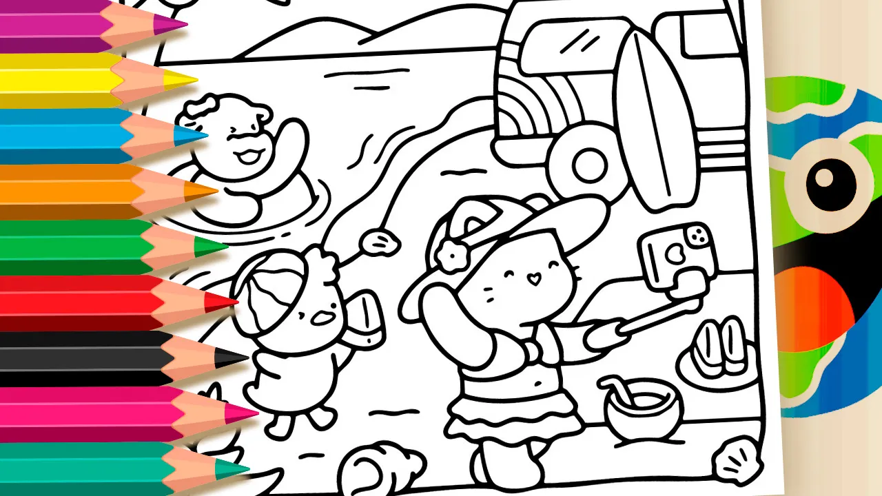 Cute beach vacation coloring page - kawaii friends taking a selfie on the beach - free printable PDF or color online