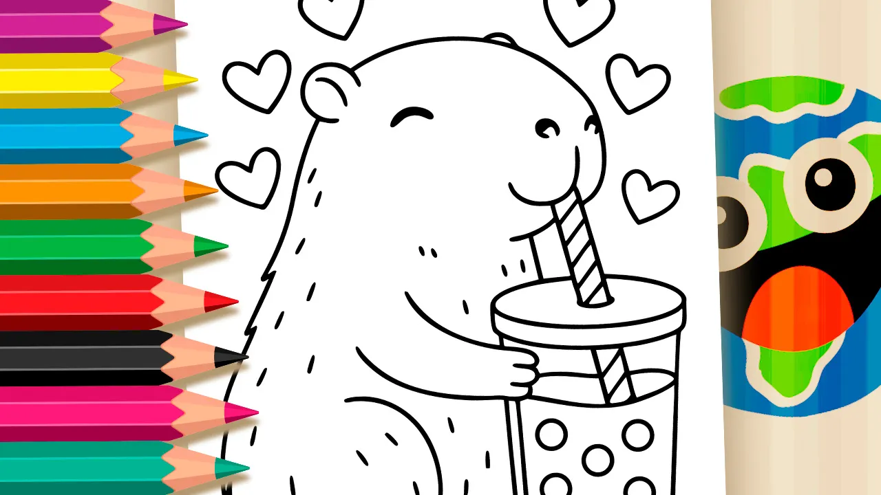 Kawaii Capybara coloring page - cute capybara drinking milkshake with hearts - free printable PDF or color online