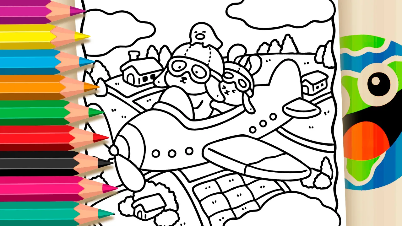 Airplane flying with adorable puppies and a little bunny with long ears coloring page black and white outline