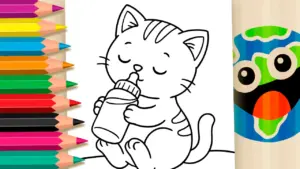 Coloring page Cute Baby Kitten with Bottle Theme Coloring Page