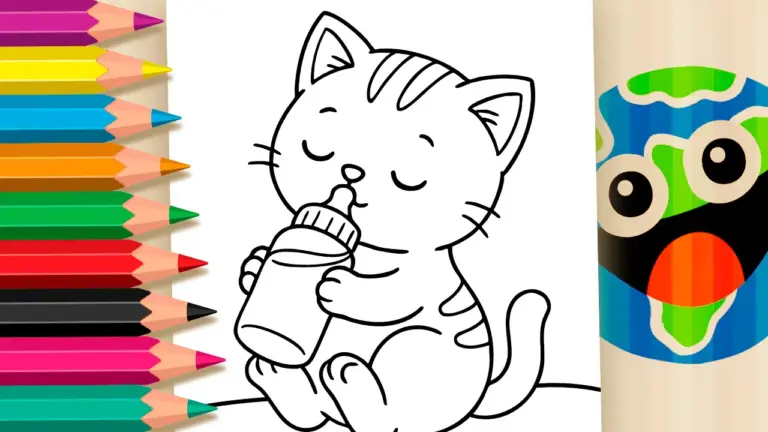 Cute Baby Kitten with Bottle Theme Coloring Page - Cute & Kawaii Coloring Pages Online