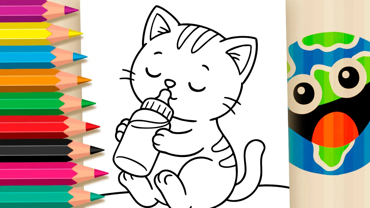 Cute Baby Kitten with Bottle Theme Coloring Page