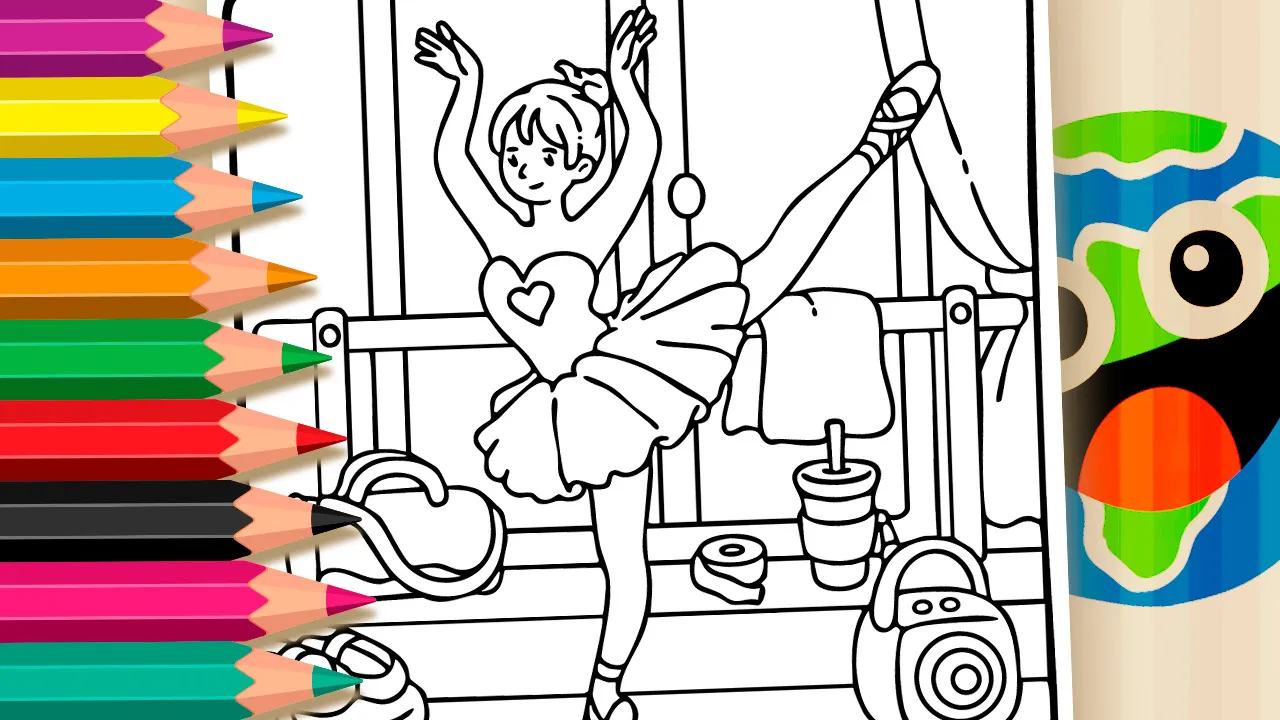 Ballet aesthetics coloring page featuring a young ballerina stretching at the barre in a dance studio black and white outline