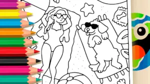 Coloring page Beach Girl and Dog Coloring Pages: Paint Online or Print in High Quality