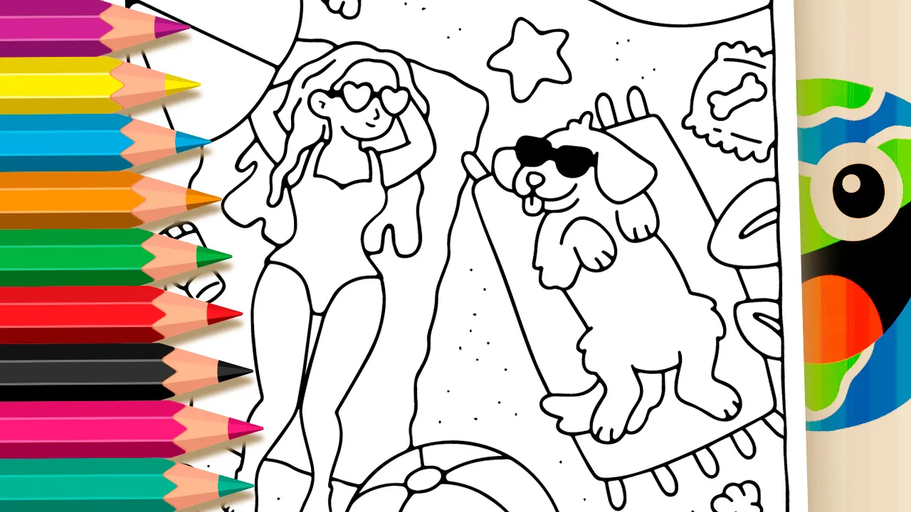 Black and white outline coloring page of a girl relaxing on the beach with her dog wearing heart-shaped sunglasses