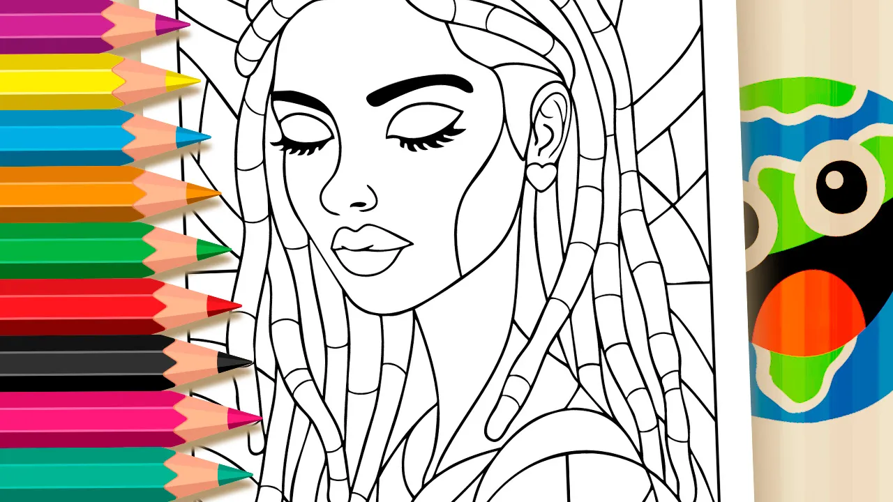 Black woman mosaic coloring page with geometric braids and serene facial expression black and white outline