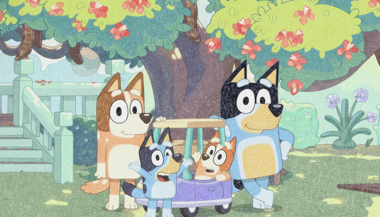 A Bluey and Bingo family portrait in a colored pencil style, featuring Bluey, Bingo, Bandit, and Chilli in their backyard. The image has a textured, hand-drawn feel, with visible colored pencil strokes and slight imperfections that add to its artistic charm.