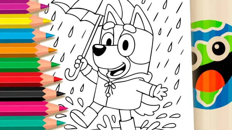 Bluey Dancing in the Rain: Fun Theme Coloring Page - Famous Characters Coloring Pages
