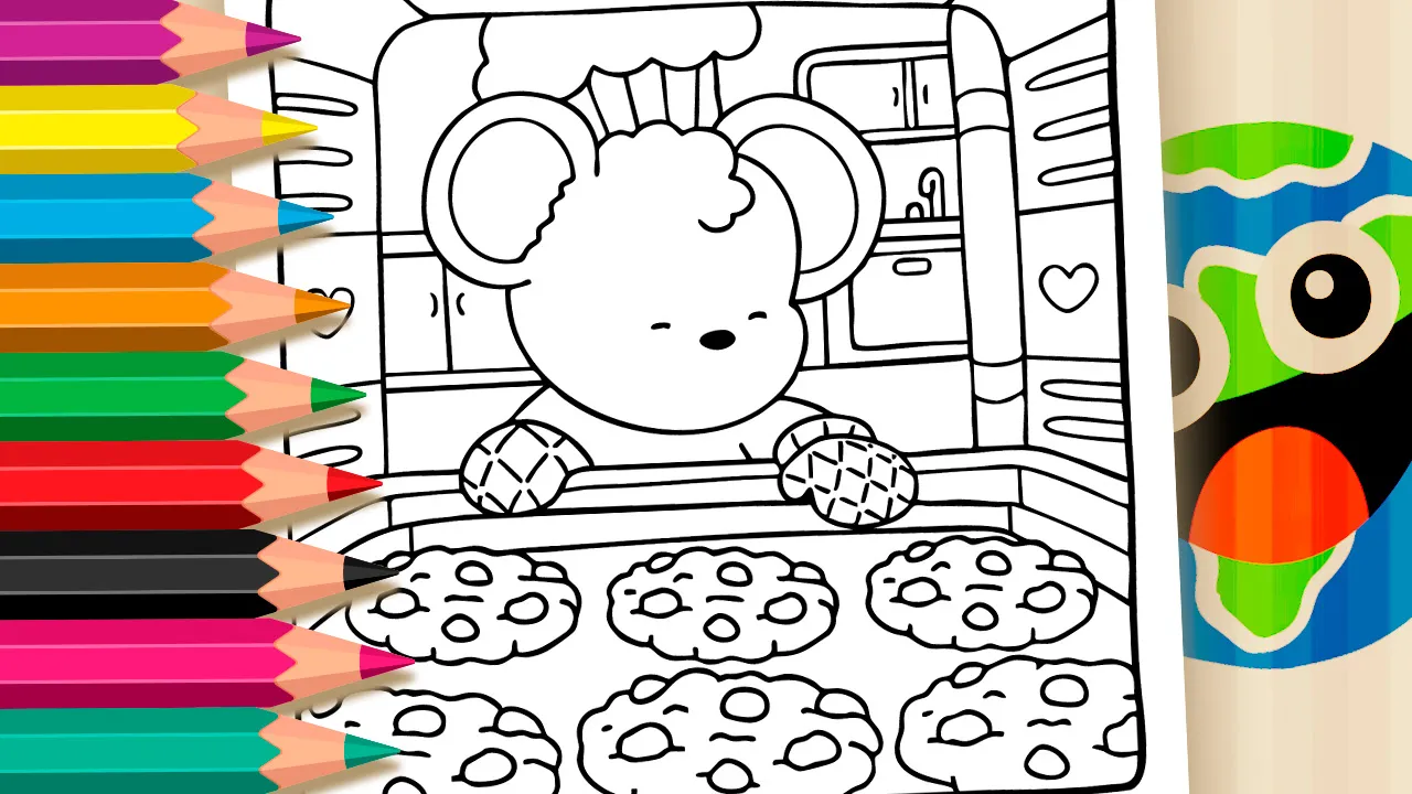 Cozy Friends Cookies coloring page featuring a cute bear baker checking the oven black and white outline
