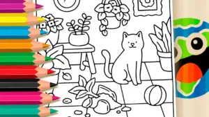 Coloring page Cute Cat and Broken Plant Pot Coloring Page: Paint Online or Print in High Quality