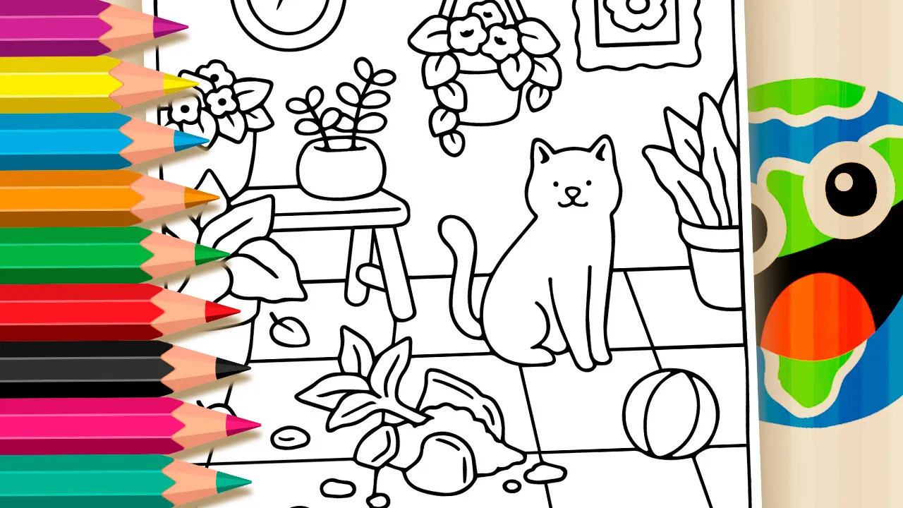 Cute Cat and Broken Plant Pot Coloring Page: Paint Online or Print in High Quality