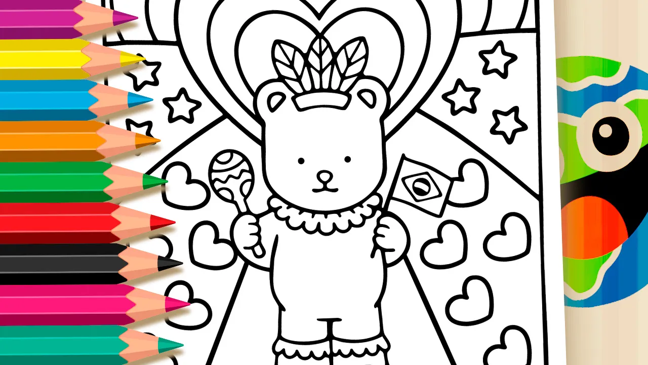 Cute little bear celebrating Brazil Carnival coloring page with maraca and feather headdress outline for coloring