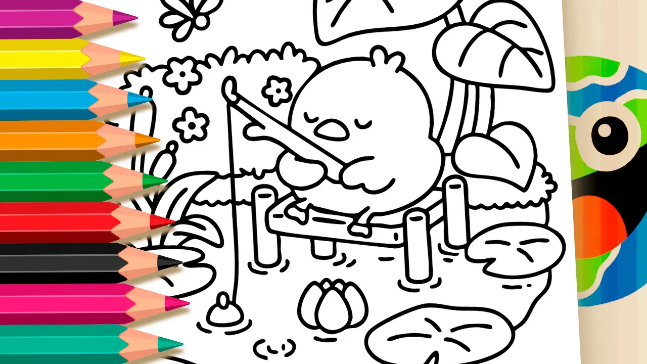 Cute little critter fishing by the peaceful lake coloring page with black and white outline