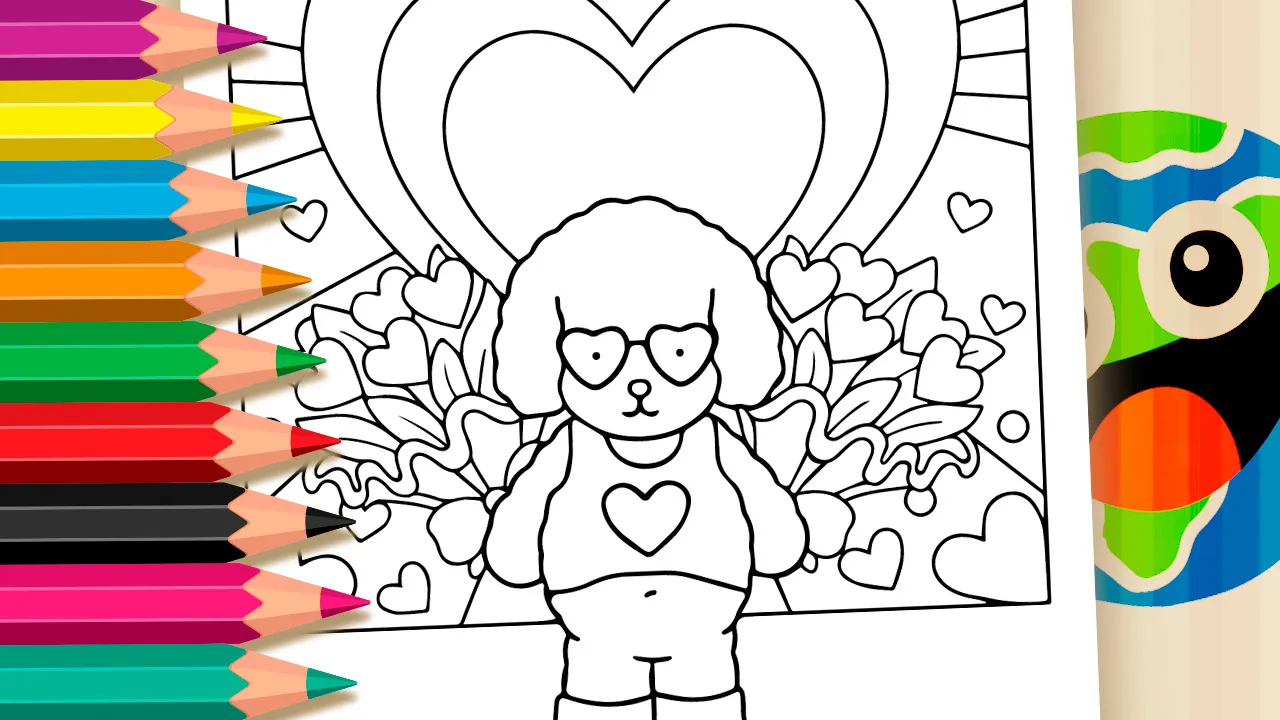 Cute love pet wearing heart-shaped sunglasses coloring page black and white outline