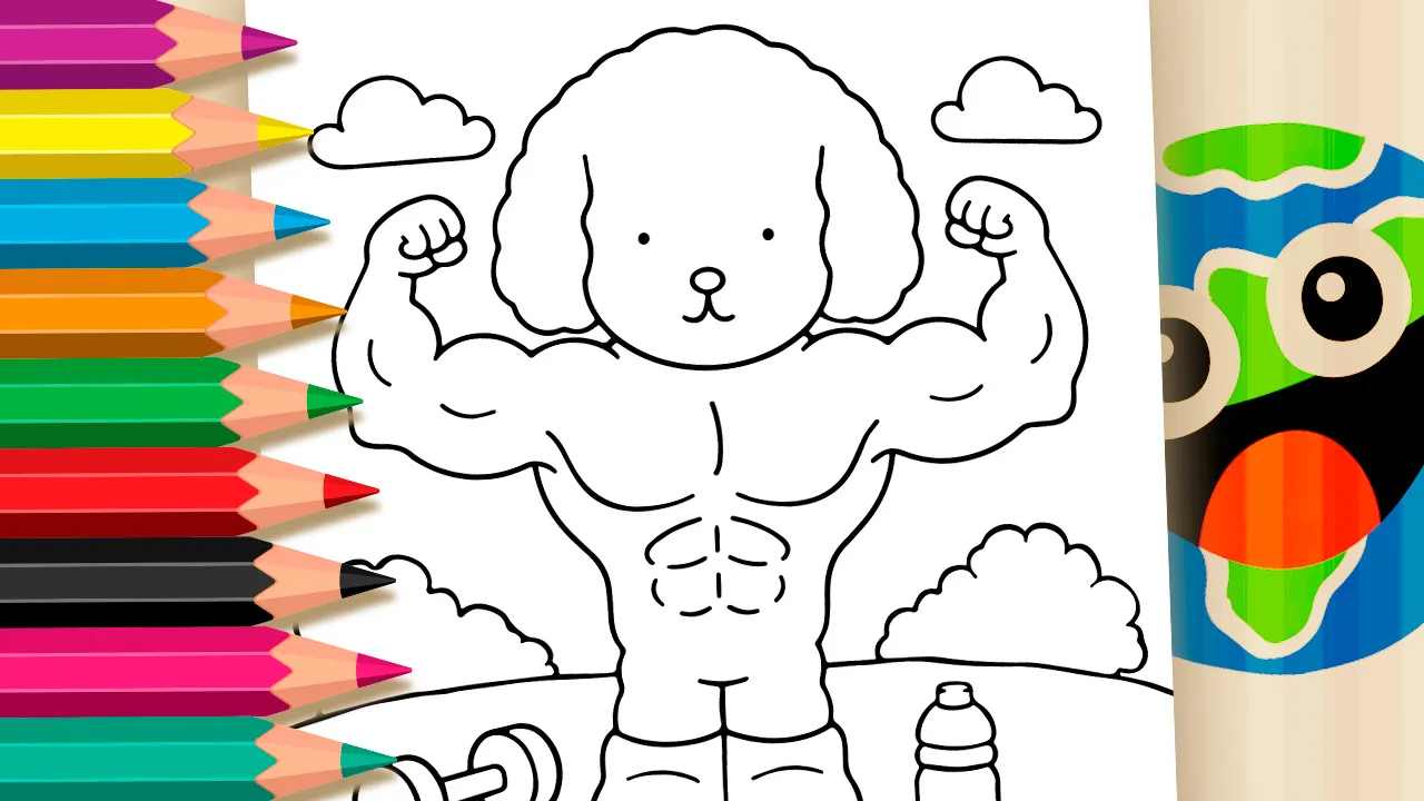 Cute and strong puppy showing muscles in the park black and white coloring page outline