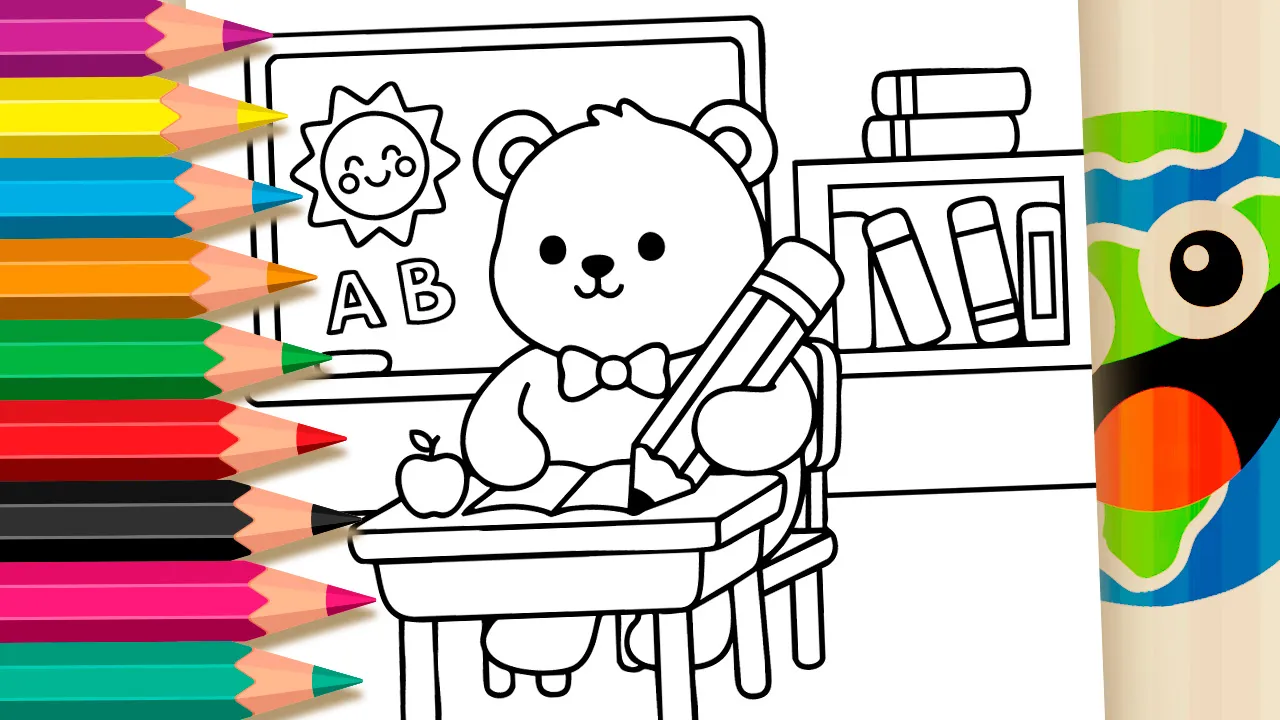 Cute student teddy bear holding a giant pencil coloring page with black and white outline