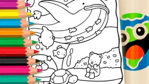 Coloring page Cute Teddy Bear Under the Sea with Whale and Turtle - Theme Coloring Page