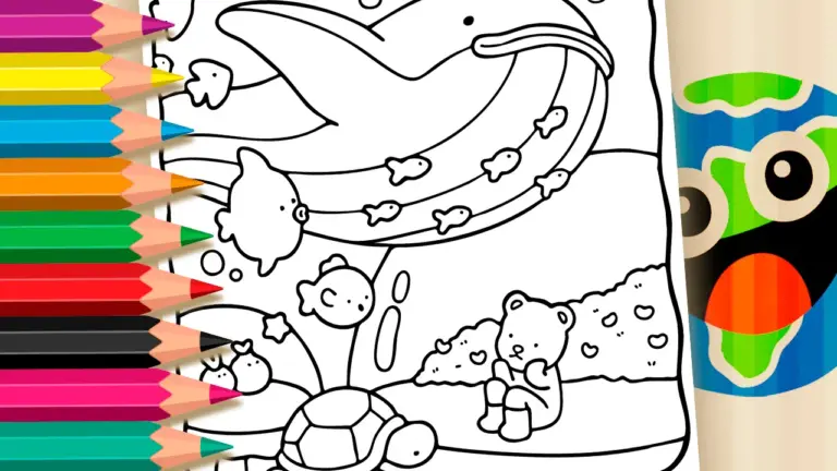 Cute Teddy Bear Under the Sea with Whale and Turtle – Theme Coloring Page - Cute & Kawaii Coloring Pages Online