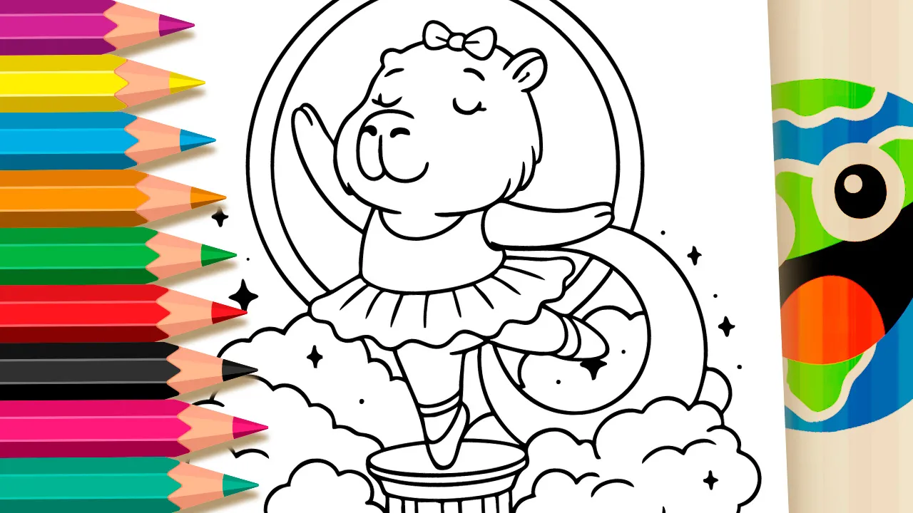 Kawaii dancing capybara wearing a ballet tutu and pointe shoes coloring page black and white outline
