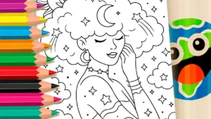 Coloring page Dreamy Woman with Cloud and Star Hair Theme Coloring Page