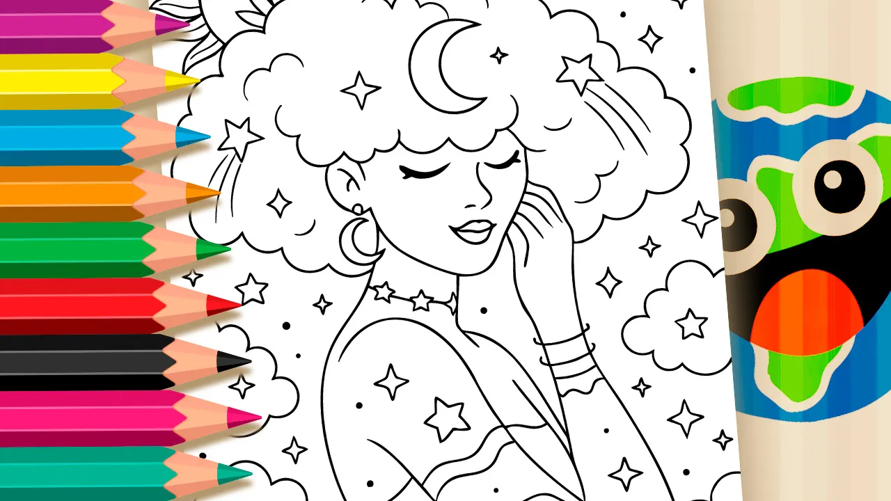 Dreamy woman with voluminous cloud hair and stars coloring page black and white outline