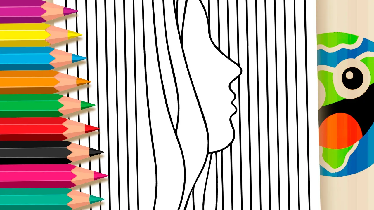 Face silhouette behind a curtain coloring page black and white outline for coloring