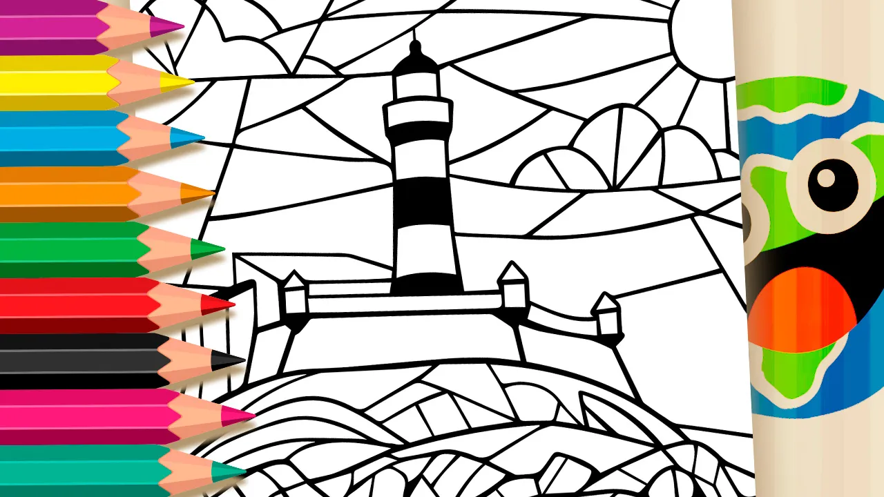 Farol da Barra Lighthouse in Salvador Bahia black and white coloring page with geometric and abstract details