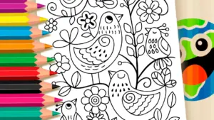 Coloring page Folk Style Bird and Flower Theme Coloring Page