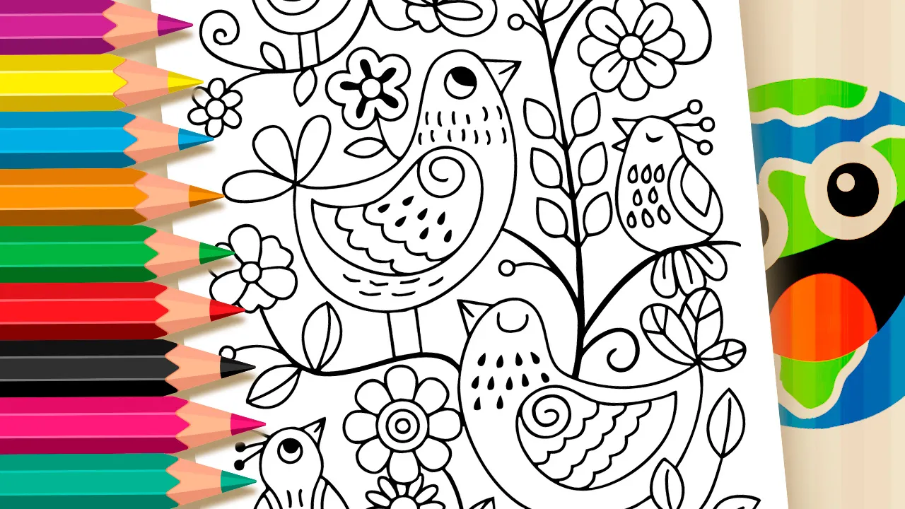 Folk style bird and flower coloring page with intricate patterns and delicate floral details black and white outline