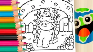 Coloring page Friendly Bull and Hen Swing Theme Coloring Page