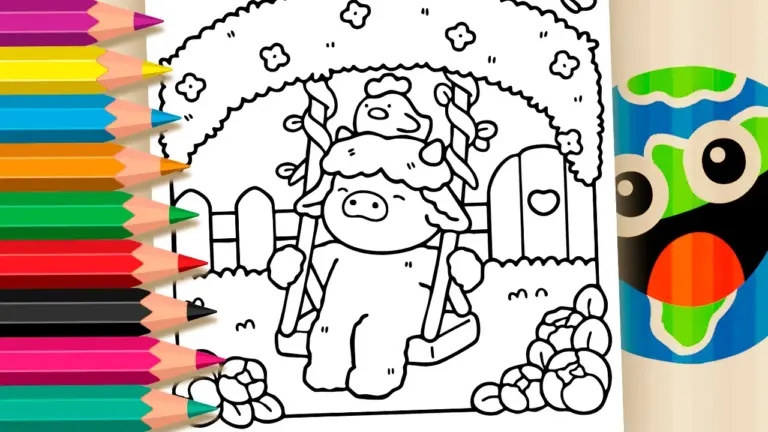 Friendly Bull and Hen Swing Theme Coloring Page - Cute & Kawaii Coloring Pages Online