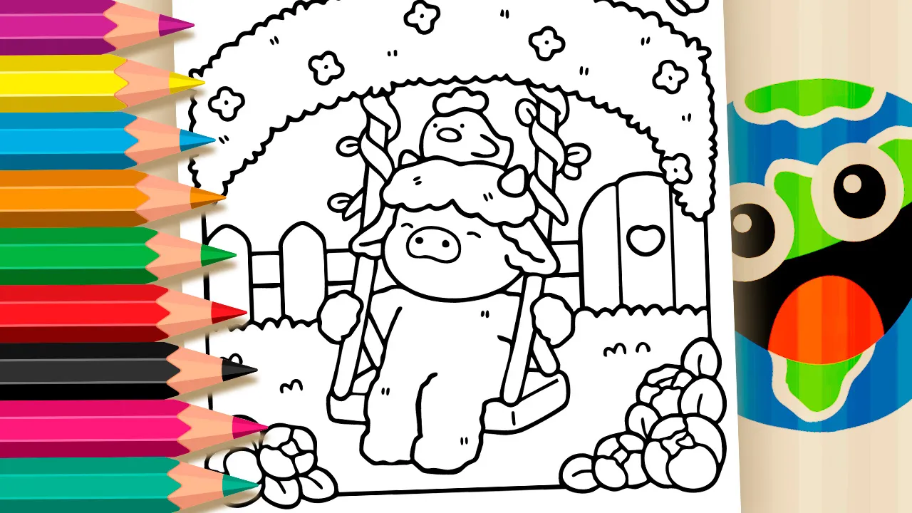 Friendly bull and hen friends on a garden swing coloring page black and white outline