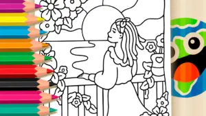 Coloring page Girl Admiring the Sunrise Theme Coloring Page