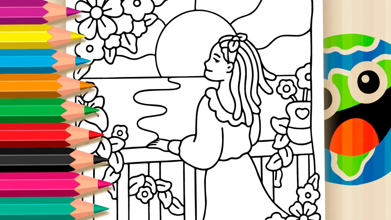 Girl admiring a large sunrise coloring page black and white outline with floral frame and calm sea