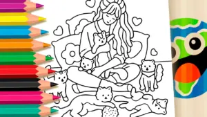Coloring page Girl and Her Kittens Coloring Page: Fun Online or High-Quality Print