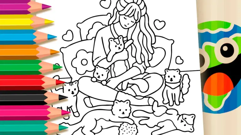 Girl and Her Kittens Coloring Page: Fun Online or High-Quality Print - Cute & Kawaii Coloring Pages Online