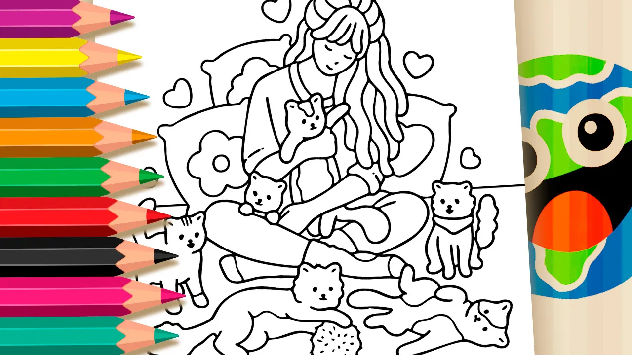 Girl and Her Kittens Coloring Page: Fun Online or High-Quality Print