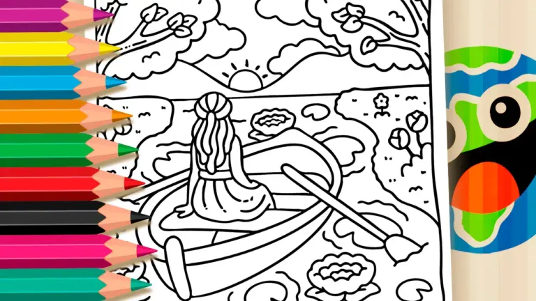 Sunset Canoe Ride Theme Coloring Page - Nature & Landscape Coloring Pages