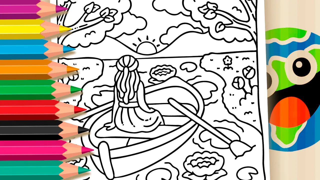 Sunset canoe ride theme coloring page with a girl in a wooden canoe on a peaceful lake surrounded by water lilies and trees silhouette