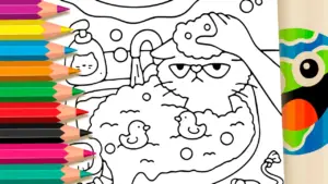 Coloring page Cute Grumpy Cat Bath Coloring Page: Color Online or Print PDF
