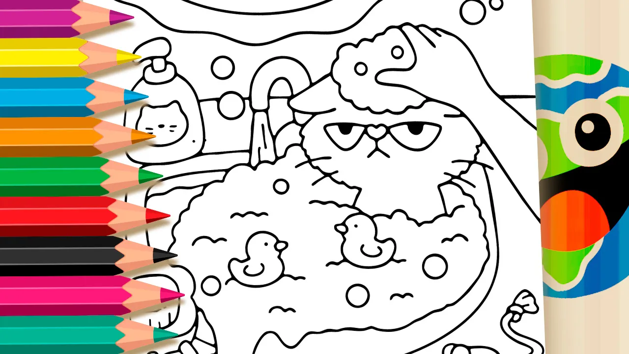 Cute Grumpy Cat Bath Coloring Page: Color Online or Print PDF