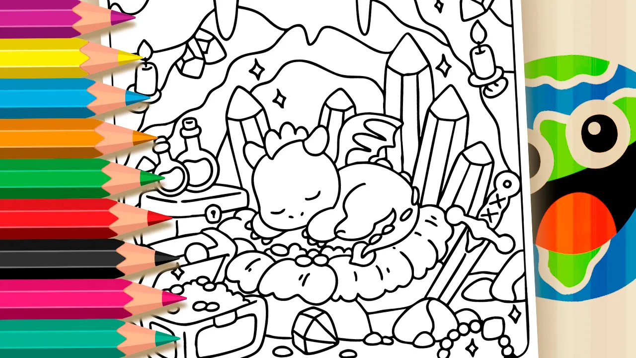 Guardian baby dragon sleeping on treasure pile coloring page black and white outline