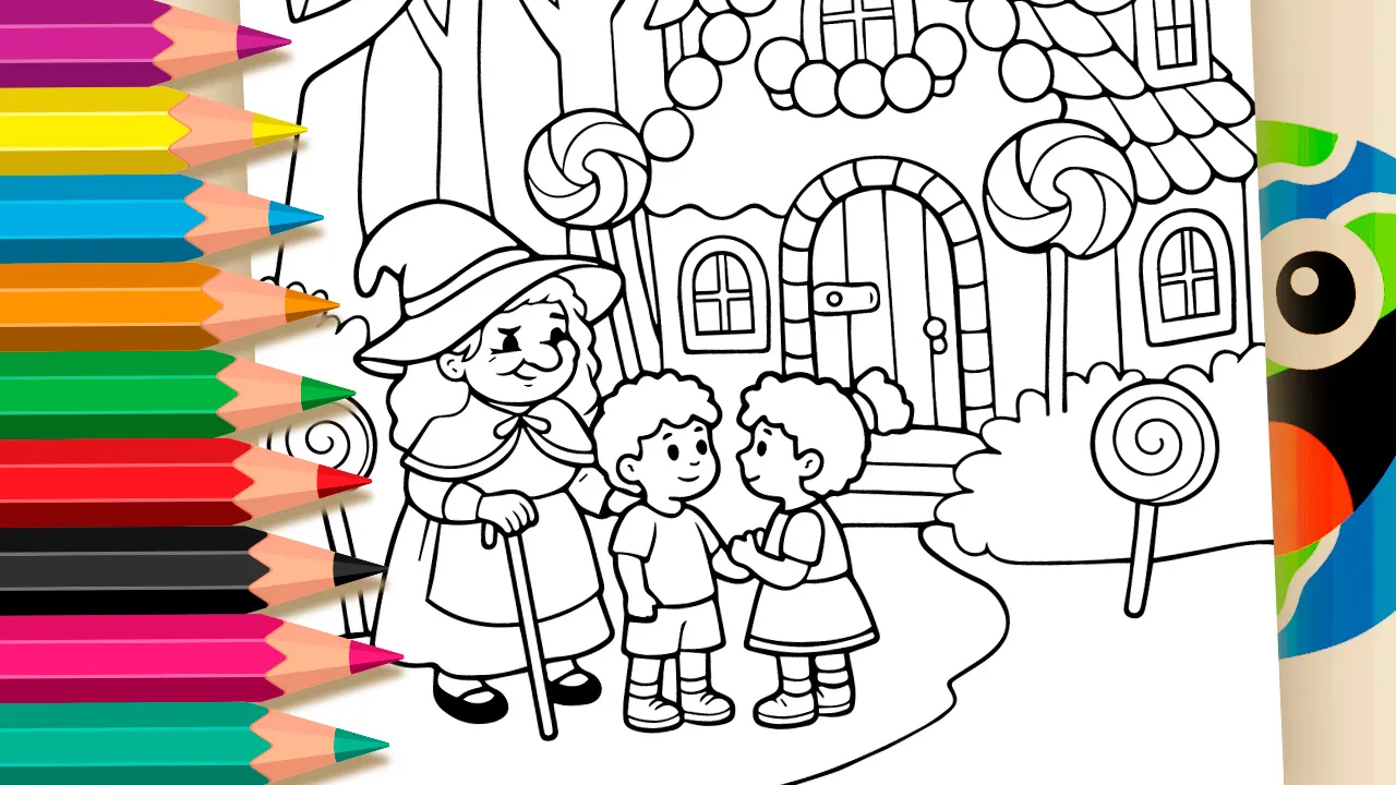 Hansel and Gretel fairytale coloring page with candy house and giant lollipops black and white outline