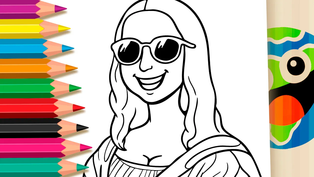 Happy Monalisa coloring page with sunglasses and bright smile black and white outline for coloring