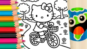 Coloring page Hello Kitty Bicycle Ride in the Park Theme Coloring Page