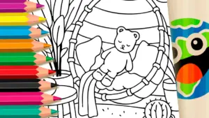Coloring page Kawaii Teddy Bear Sleeping in a Rocking Chair Coloring Page