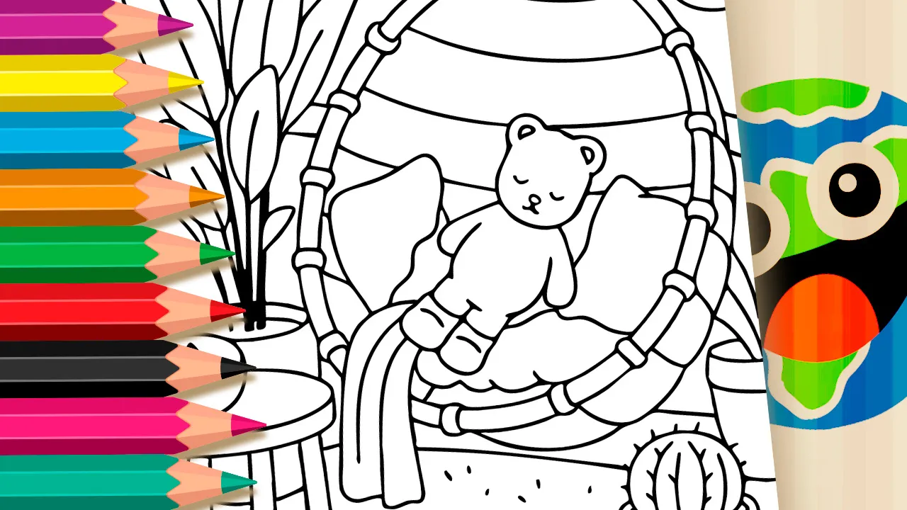 Kawaii teddy bear sleeping peacefully in a cozy rocking chair coloring page black and white outline