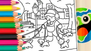 Coloring page Kawaii Teddy Bear Walking Puppies Coloring Page