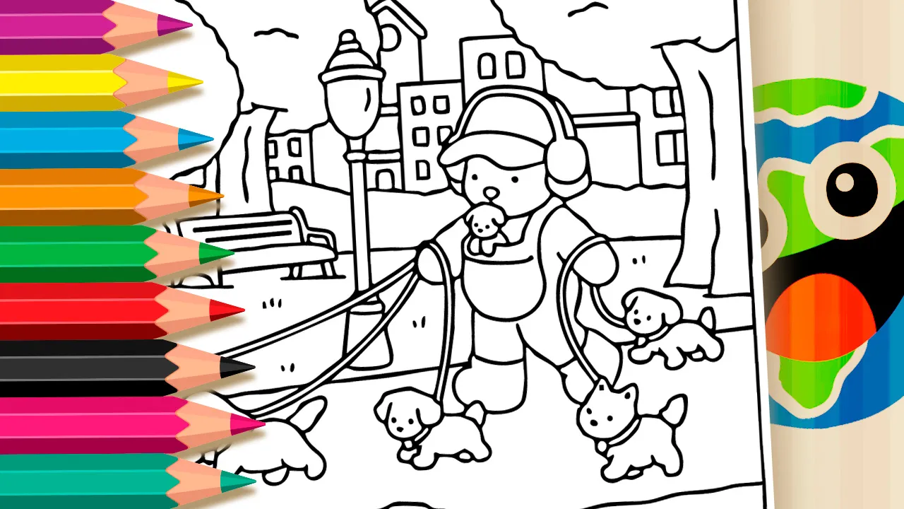 Kawaii teddy bear walking puppies coloring page with black and white outline featuring a cozy urban park scene
